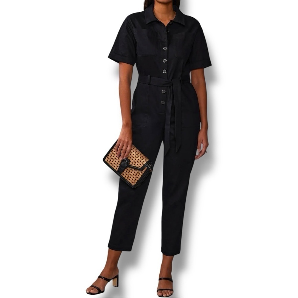 NWT New York & Company Black Silver Short Sleeve Twill Utility Jumpsuit - Medium